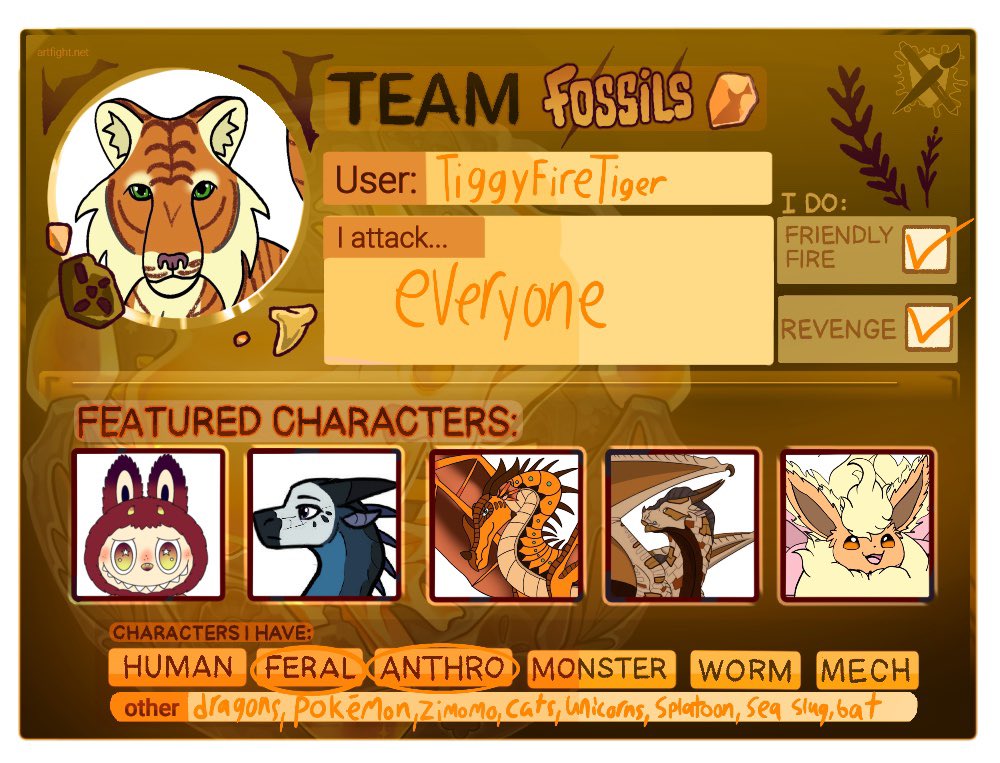 TiggyFireTiger's tweet photo. Hello everyone! I’m on artfight again this year. 

Here is my artfight link:

https://t.co/nfg8OHoYPf

#artfi2025 #TEAMFOSSILS #Wingsoffire #Pokemon #labubu #dragons #Cats #unicorns https://t.co/39XqIjfEN9
