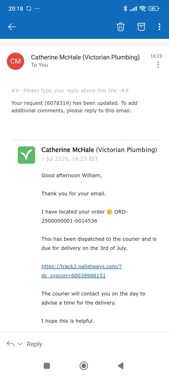 finn59_finn's tweet photo. @Victorianplumb Think it is sorted but getting in contact with you is terrible,I was surprised I had to ask for sales number and tracking, thought this would be sent by email after buying the item https://t.co/ljCXwdw1Qw