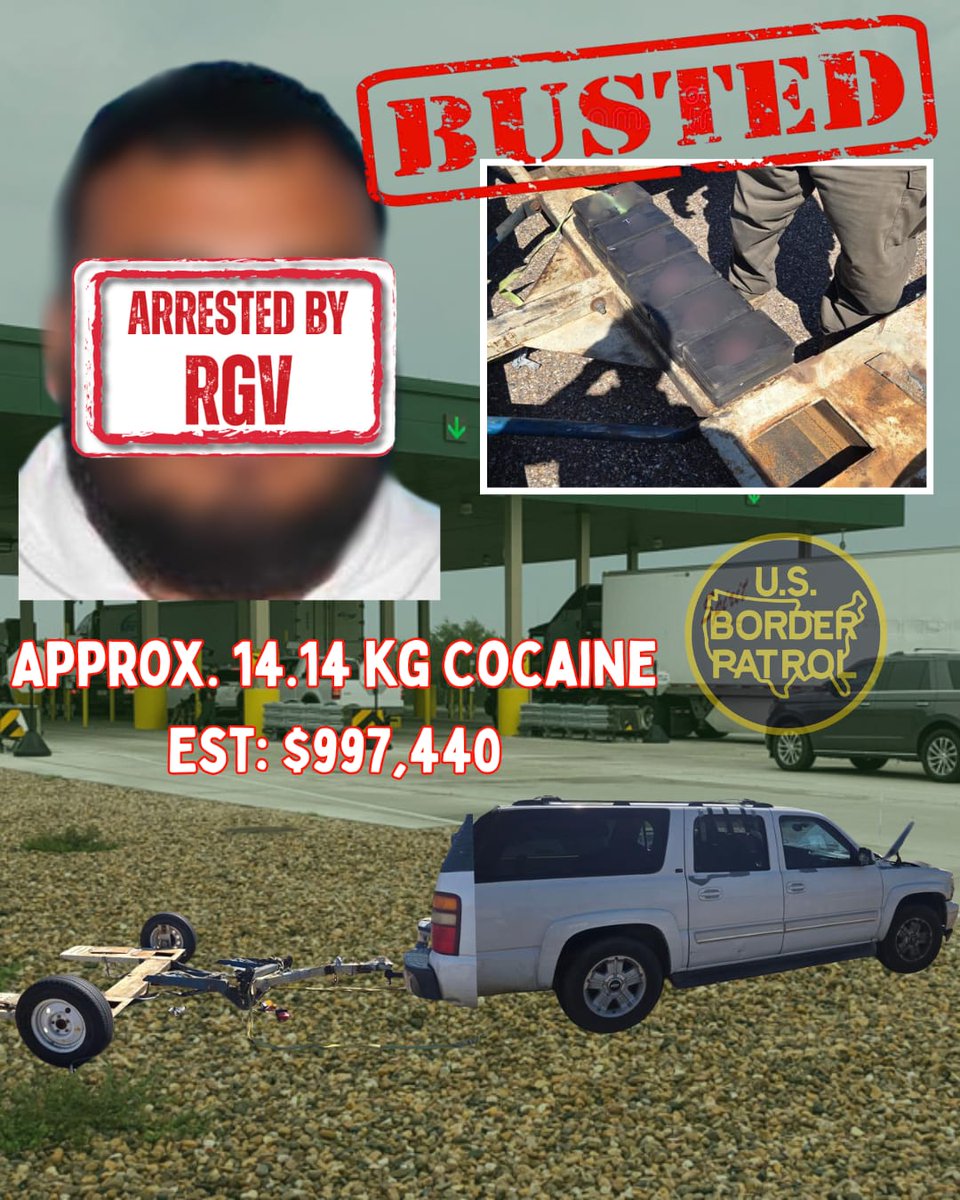 USBPChiefRGV's tweet image. 🚨 Cocaine Bust at Javier Vega Jr. Checkpoint 🚨
On June 27, RGV Border Patrol Agents and K9 Team in Kingsville, TX seized 12 cocaine bundles (14.14 kg, ~$997K) hidden in a car dolly after a K9 alert.
Tech & K9s = results.
#RGV #USBP #Cocaine #Kingsville #BorderSecurity