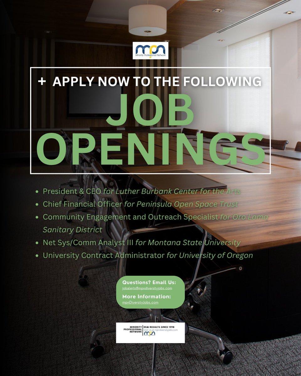 Apply Now to NEW Jobs!

President &amp; CEO
mpndiversityjobs.com/job/65858/

CFO
mpndiversityjobs.com/job/65844/

Community Engagement and Outreach Specialist
mpndiversityjobs.com/job/65837/

Net Sys/Comm Analyst III
mpndiversityjobs.com/job/65824/

University Contract Administrator
mpndiversityjobs.com/job/65821/
