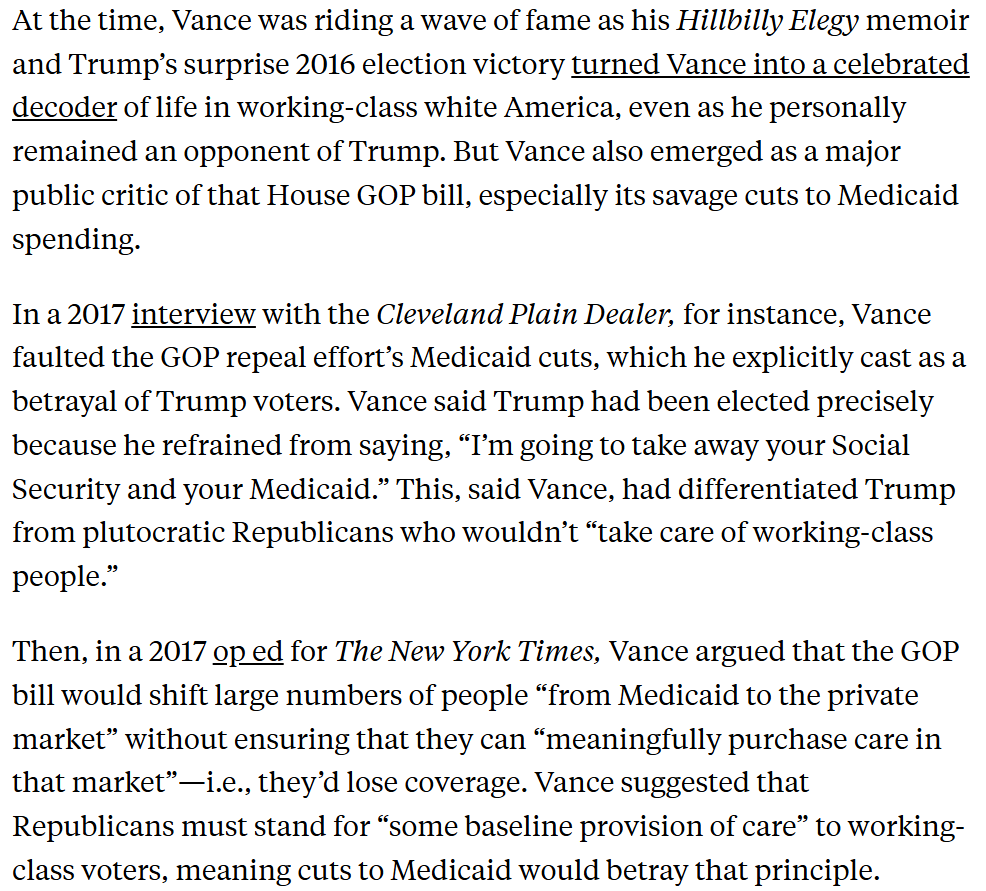 GregTSargent's tweet photo. Someone did "pretend" to care about Americans on Medicaid, but it wasn't @mattyglesias, who's absolutely right about this.  It was you, JD. In 2017, you repeatedly said Medicaid cuts like these betray working class voters. Turns out it was all a  scam.

https://t.co/L6ZFdxp0pw https://t.co/79XCsf0fnG