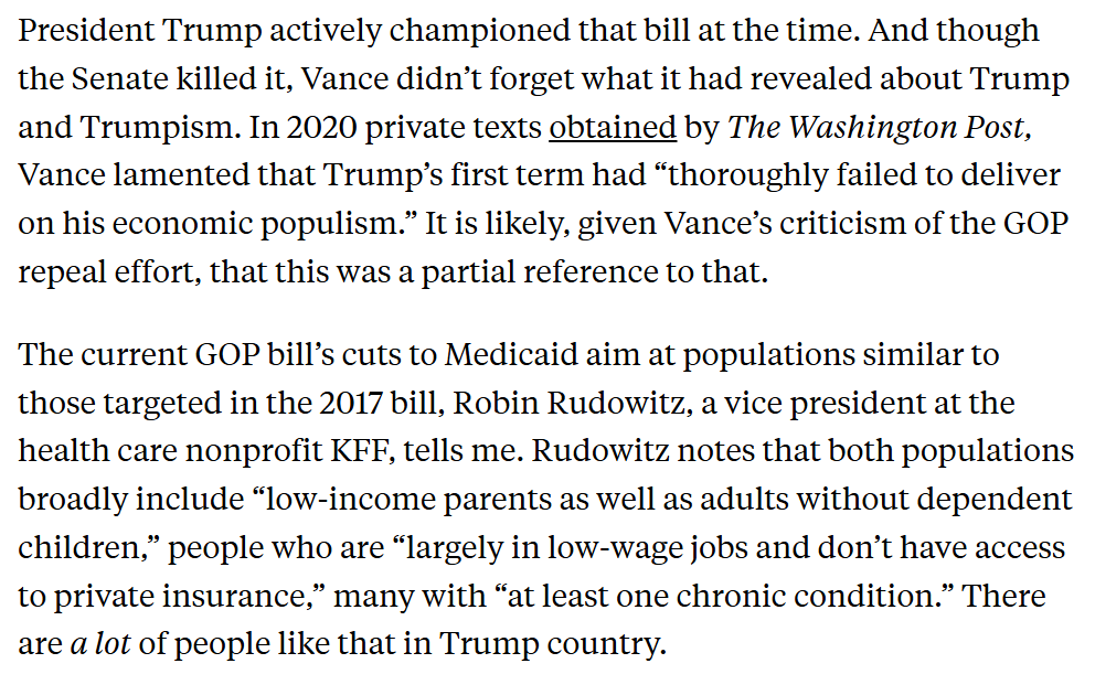 GregTSargent's tweet photo. Someone did "pretend" to care about Americans on Medicaid, but it wasn't @mattyglesias, who's absolutely right about this.  It was you, JD. In 2017, you repeatedly said Medicaid cuts like these betray working class voters. Turns out it was all a  scam.

https://t.co/L6ZFdxp0pw https://t.co/79XCsf0fnG