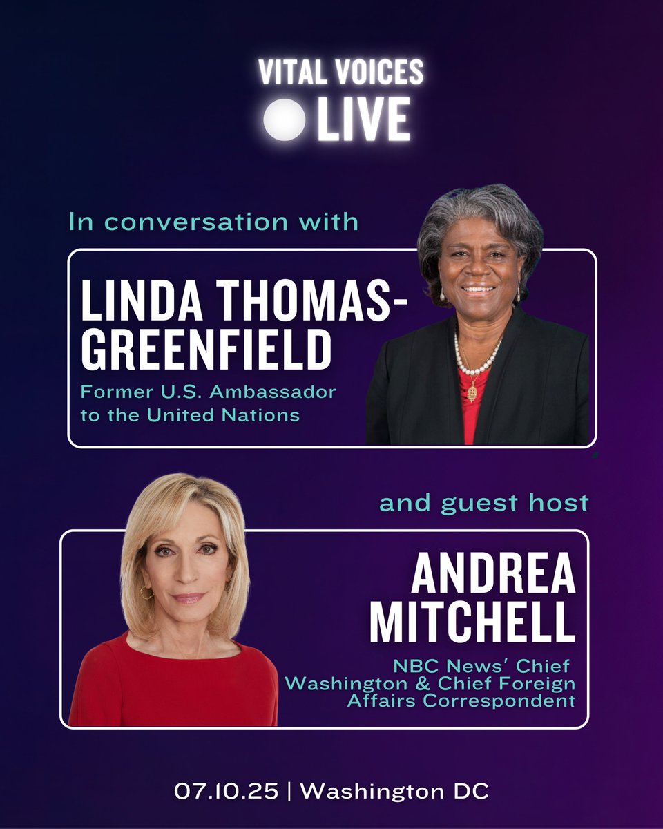 Vital Voices (@vitalvoices) on Twitter photo Big news! 🎙 <a href="/mitchellreports/">Andrea Mitchell</a> will moderate our upcoming live podcast with Ambassador <a href="/LindaT_G/">Linda Thomas-Greenfield</a> on July 10 in Washington DC!
Andrea Mitchell is <a href="/NBCNews/">NBC News</a>'s Chief Washington and Chief Foreign Affairs Correspondent.
🔗 RSVP now: support.vitalvoices.org/event/vital-vo… Big news! 🎙 <a href="/mitchellreports/">Andrea Mitchell</a> will moderate our upcoming live podcast with Ambassador <a href="/LindaT_G/">Linda Thomas-Greenfield</a> on July 10 in Washington DC!
Andrea Mitchell is <a href="/NBCNews/">NBC News</a>'s Chief Washington and Chief Foreign Affairs Correspondent.
🔗 RSVP now: support.vitalvoices.org/event/vital-vo…