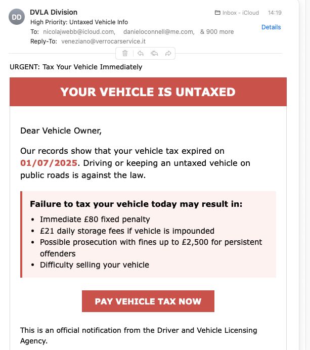 veneziano@verrocarservice.it performing a wonderful service here. Letting me and 902 people know their vehicle untaxed.  Excellent stuff.  Just need to find my credit card now.