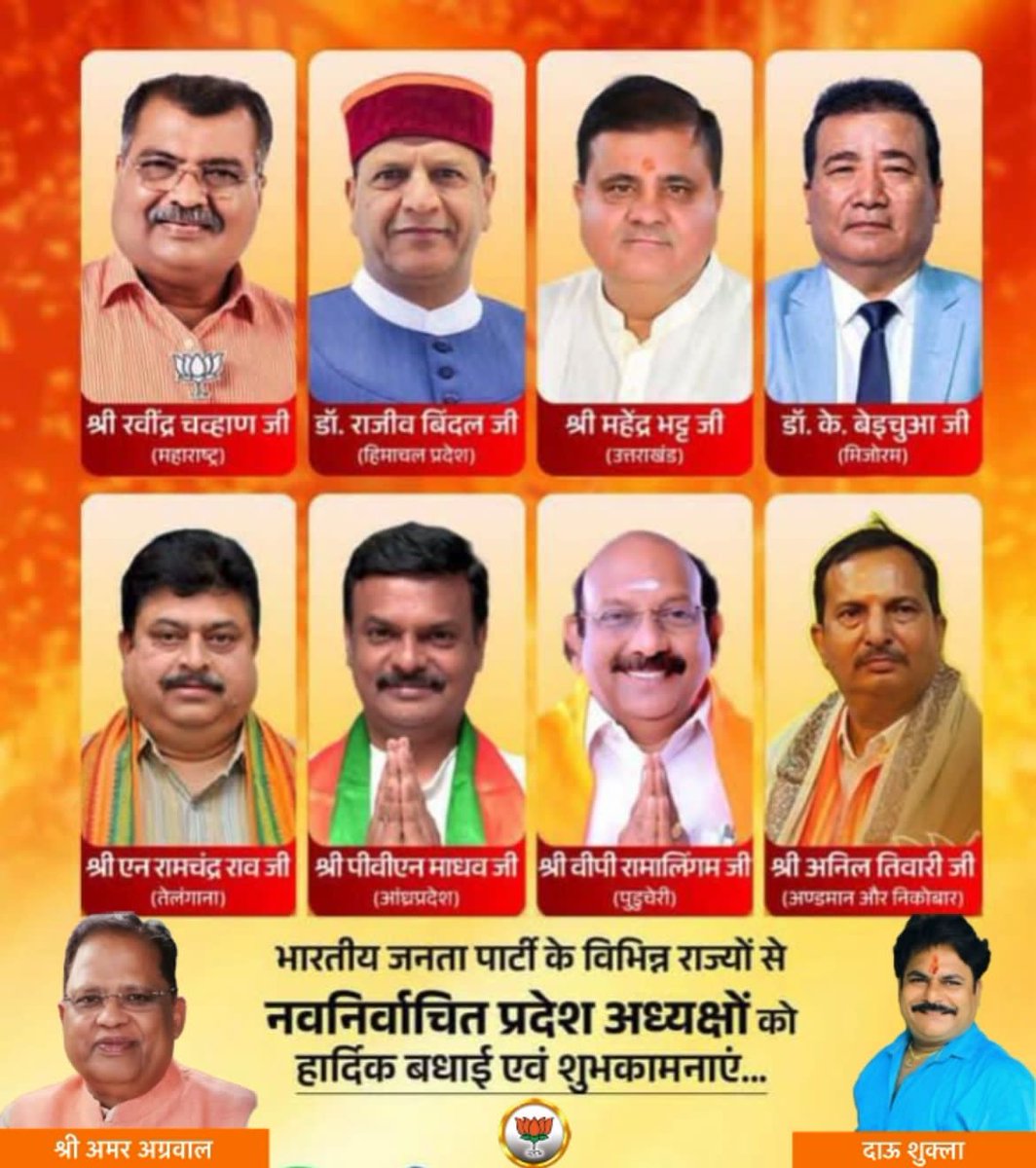 Daushukla1's tweet photo. बीजेपी के द्वार�� विभिन्न राज्यों से नवनिर्वाचित प्रदेश अध्यक्षों को  हार्दिक बधाई एवं शुभकामनाएं...🌹🌹 https://t.co/Gm1piQ8bRZ