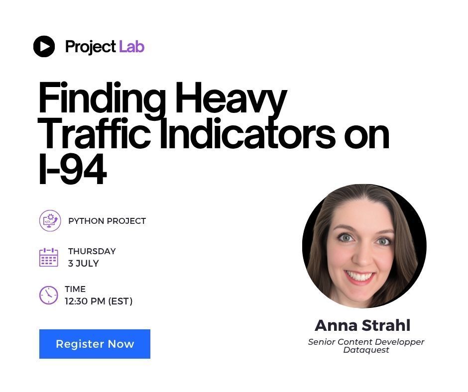 Join our next Dataquest Project Lab webinar!

In under an hour, you’ll learn how to confidently tackle real-world data projects—from cleaning and analyzing data to creating clear visualizations and sharing your work on GitHub.

Reserve your spot: bit.ly/4ey2ctF