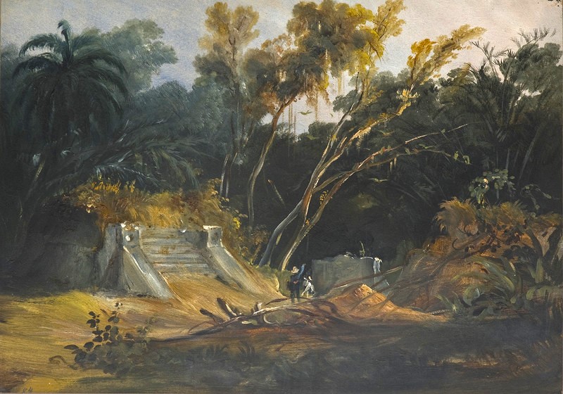 INAHmx's tweet photo. #PiezaDelDía 🔶 Ruinas de Centla Veracruz

Pintura al óleo sobre papel elaborada por Johann Moritz Rugendas en 1831, en la que se representan dos personajes de pie entre la maleza, frente a la escalinata de un basamento prehispánico, en las ruinas de Centla, en Veracruz. https://t.co/9FlCNvS1ob