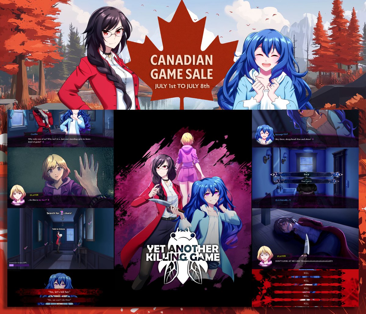 SoulseerStudios's tweet photo. Happy Canada Day! 🍁

"Yet Another Killing Game" is 33% off during the Canadian Game Sale, hosted by @bwallsstudio 🎉

We're honoured to be one among many amazing Canadian-made games! 😊 Go check out the deals!

#CanadianGames #SteamSaleCanada #JeuxCanadiens #GameDevNorth #Steam https://t.co/s3nO0exm5S