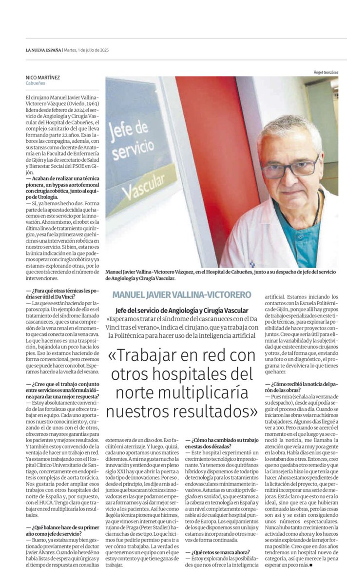 CAHU_Area_V's tweet image. 🩺 El Dr. Manuel Javier Vallina-Victorero (@mjvallina), jefe del servicio de Angiología y Cirugía Vascular del Hospital Universitario de Cabueñes, ha sido entrevistado en @lanuevaespana por su liderazgo, su experiencia de más de dos décadas en el hospital y su apuesta firme por…