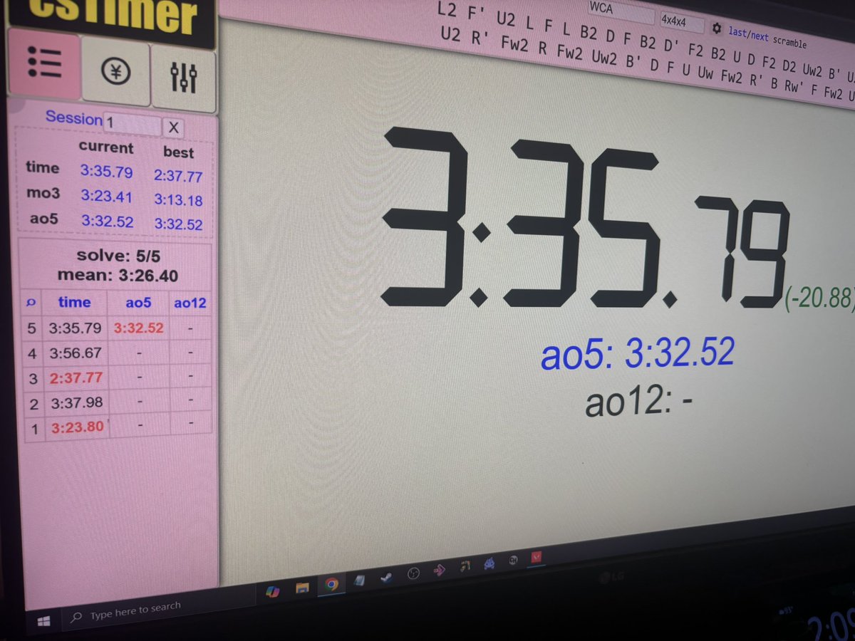 Having fun with 4x4 using Yau.  Was around the 5-6 mins range earlier in the week

No specific goal in mind but struggling with

- Inspection + planning 2nd center
- Last 4 centers 
- The last set of 3 in 3-2-3 
- Recognizing both OLL and PLL parity 
- Recognizing PLL in general