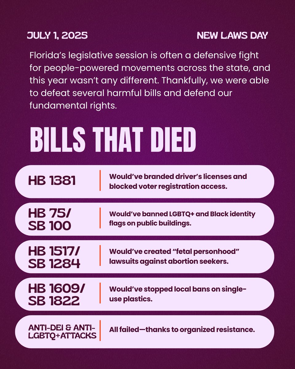 🚨 NEW LAWS DAY in FLORIDA 🚨
📜 Over 100 new laws take effect today — and too many of them are designed to target, silence, and disempower our communities.
Swipe through to see what’s changing, who it harms, and why organizing matters now more than ever. ✊🏾✊🏿✊🏼