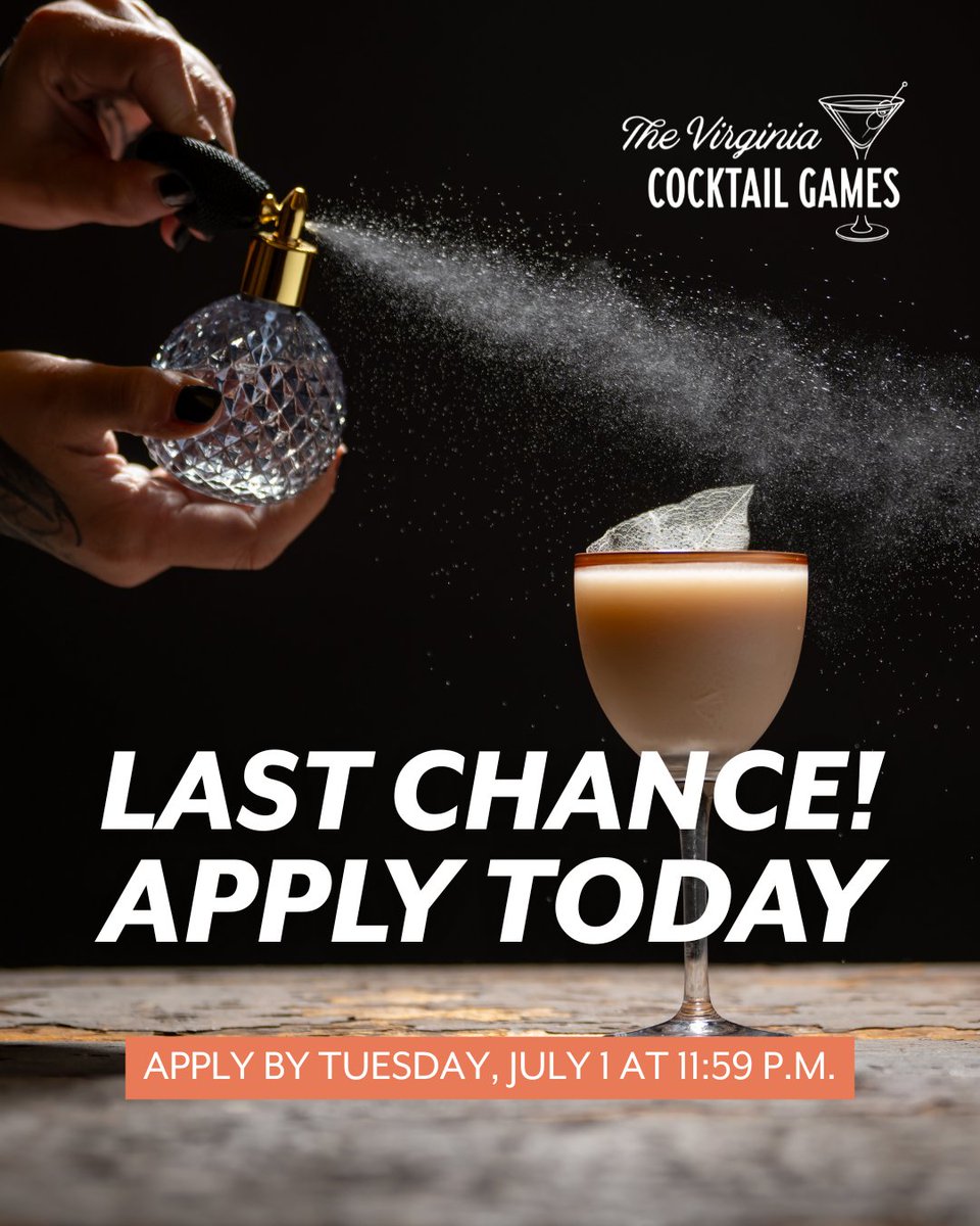 Last chance! 📷 Today is the final day to apply for the 2025 Virginia Cocktail Games. Submit your application by 11:59 p.m. EST TONIGHT for a chance to be one of 25 bartenders selected from across the commonwealth.

Learn more and apply at virginiaspirits.org/cocktail-games….