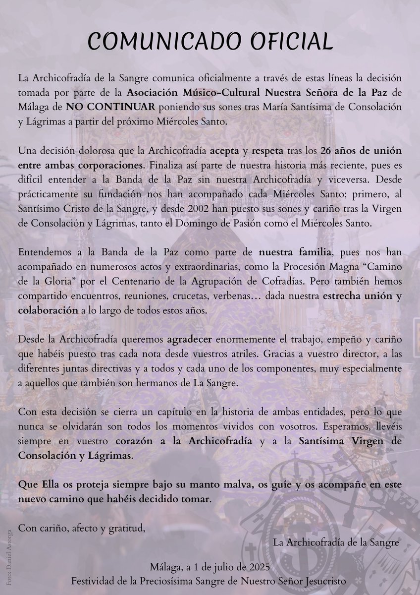 COMUNICADO 🔴 | 

🎶 <a href="/Lapazmalaga/">Banda La Paz Málaga</a> ha decidido NO CONTINUAR acompañando a María Santísima de Consolación y Lágrimas a partir del próximo Miércoles Santo tras 26 años de vinculación ⬇️

#CofradíasMLG #ArchiSangre