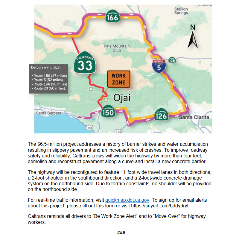 🚧 Full Weekend Closures 🚧

SR-33 near North Fork Matilija Creek Bridge will be closed to traffic for construction. More info 👇

Closure Dates:
Aug. 15–18
Aug. 22–25
Sept. 19–22
(10 p.m. Fri – 5 a.m. Mon)

📍 Info: tinyurl.com/44t6w48n
🔗 Alerts: tinyurl.com/bddy9ryt