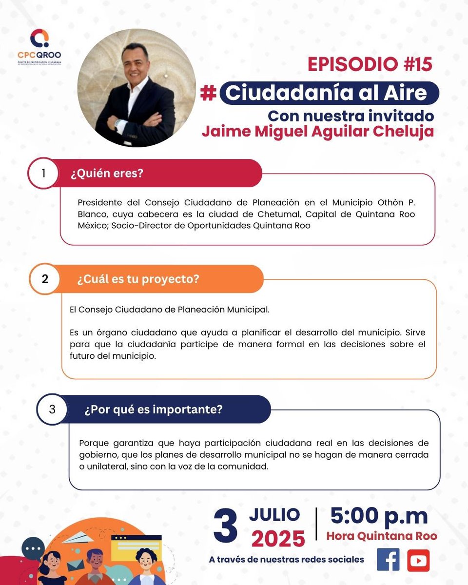 Este 3 de julio acompáñanos en nuestro EN VIVO de #CiudadaníaAlAire, donde hablaremos con Jaime Miguel Aguilar Cheluja, Presidente del Consejo Ciudadano de Planeación en el municipio de Othón P. Blanco (Chetumal).

📲 Transmisión en vivo en nuestras redes sociales.@cpcqroo