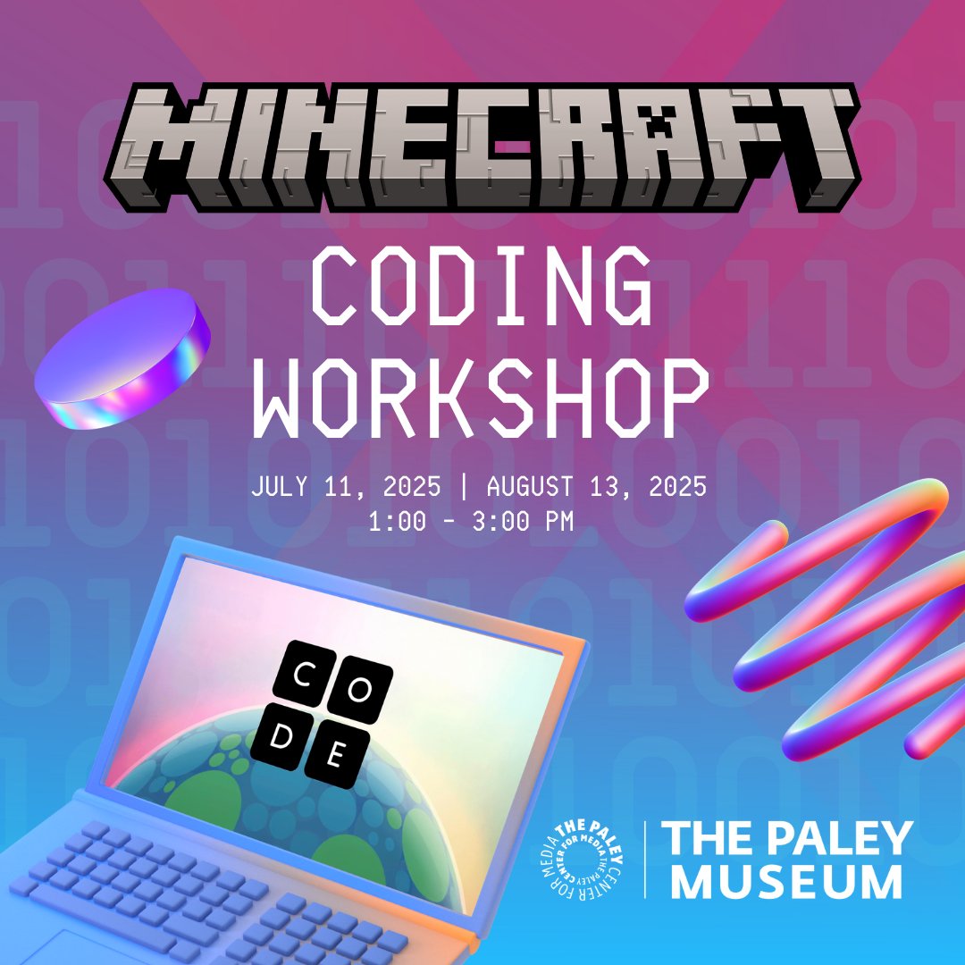 Ready to code in Minecraft? Join our FREE PaleyGX workshop for kids 8+ to build, explore, and find underwater treasure using real coding skills.

July 11 &amp; Aug 13, 1–3PM at The Paley Museum.
Paley Members get in free and skip admission.

Register: bit.ly/3SQ66E1