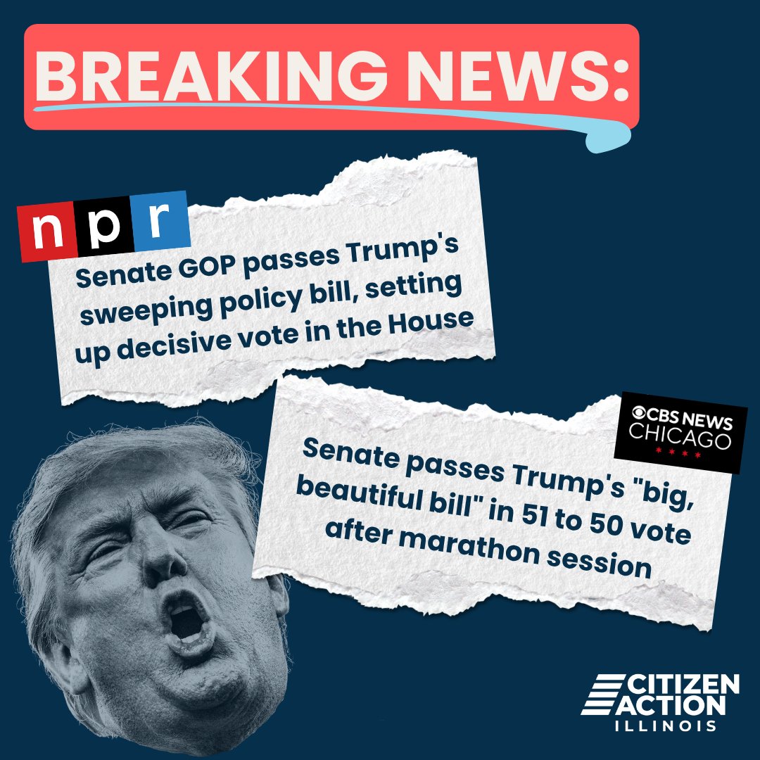 CitizenActionIL's tweet image. Today, the Senate passed Trump&apos;s &apos;One Big Beautiful Bill&apos; by a vote of 51-50. This bill will hurt Americans and Illinoisans alike.

As the bill heads back to the House, we demand Illinois Rep. Bost, LaHood, and Miller KILL THE BILL! Call the Capitol switchboard: (202) 224-3121