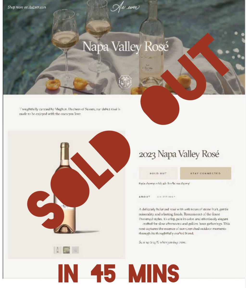 Well well well. 

Congrats to Duchess Meghan Sussex 

When the store opened at 8am she cleared out her Napa Valley Rose’ in 45mins.  AMAZING!!!

#AsEver #AsEverWine