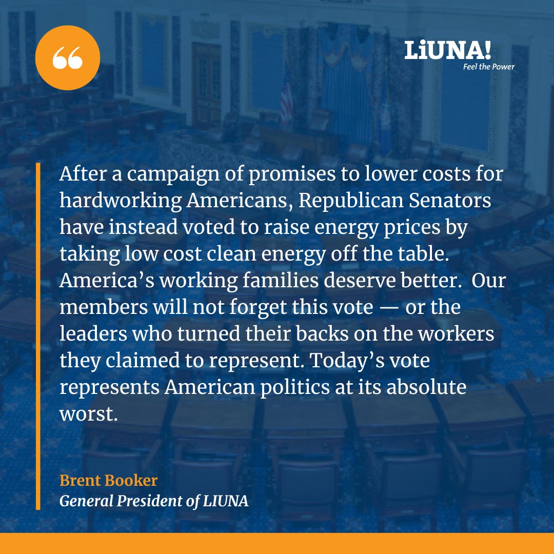 Thousands of #LIUNA jobs—GONE. Promises to working families—BROKEN.

Today, the Senate chose tax breaks for billionaires over energy security and job creation.

Our members will not forget this vote!

 🔗READ STATEMENT: liuna.org/news/story/sta…