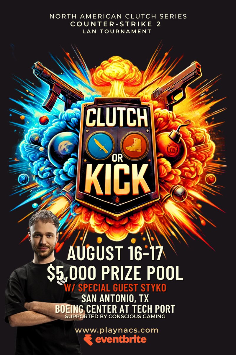 STYKOcs's tweet photo. See you at Clutch or Kick LAN by @PlayNACS 😎

These events are going to be super important for competitive CS2 in 2025, &amp; there can never be enough of them. Come say hi, will be fun time for sure😊 
Might have a few surprises ready for you there🤠
🇺🇸 San Antonio, TX
📅 16-17 AUG https://t.co/mSN4OvSBab