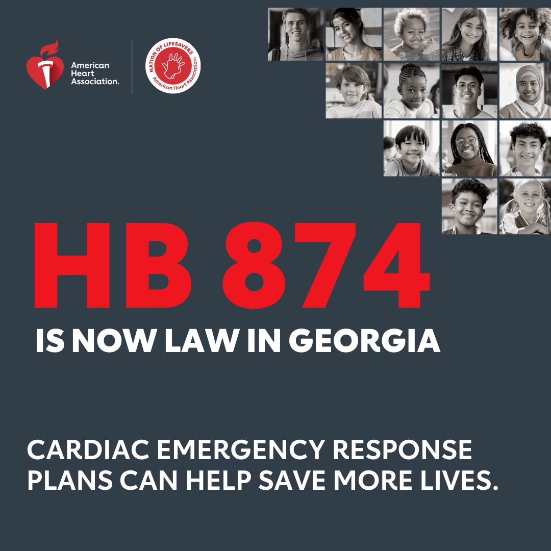 Thank you, Georgia! Starting this school year, schools must have Cardiac Emergency Response Plans — including written protocols, drills &amp; AEDs on site. More lives can be saved because every second counts. ❤️ #HB874 #NationofLifesavers #CPRSavesLives