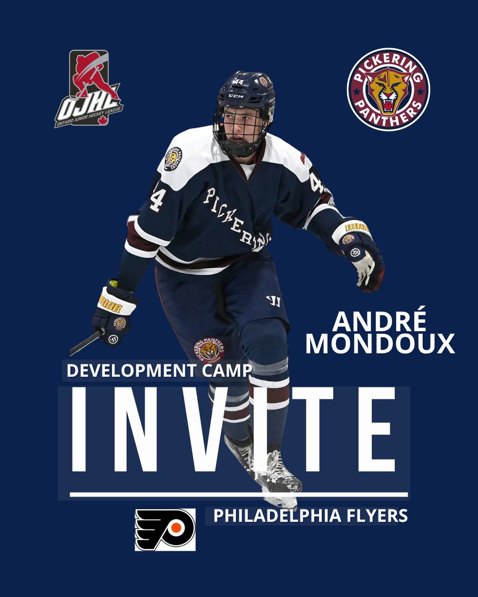 Huge congrats to André Mondoux on being invited to the Philadelphia Flyers Development Camp!  The Panthers defenseman will join 46 top prospects July 2–6 in Voorhees, NJ. #PantherProud | #FlyersCamp | #OJHL