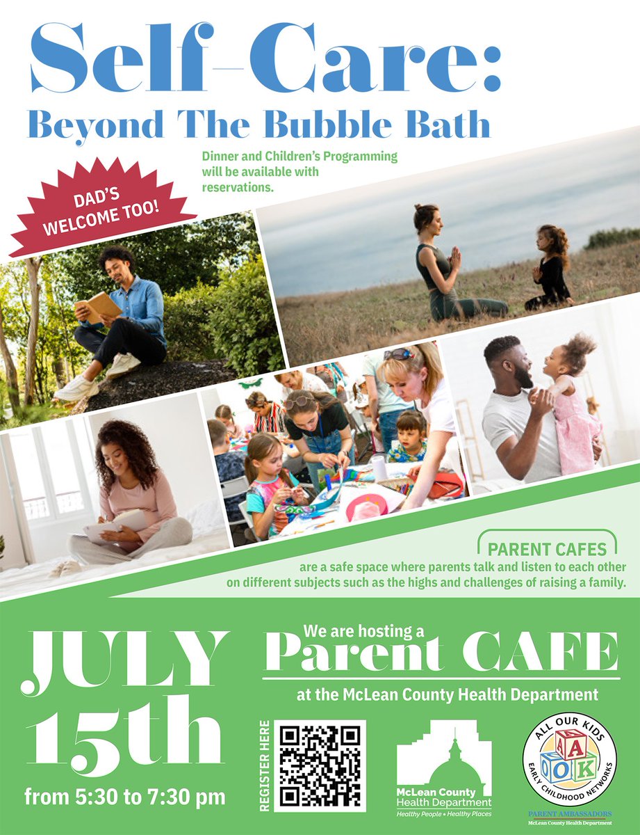 Parents, take a break!
Join us for a Parent Café focused on self-care — with free dinner &amp; child programming provided! July 15th from 5:30-7:30 at McLean County Health Department.  Register now: forms.office.com/pages/response…