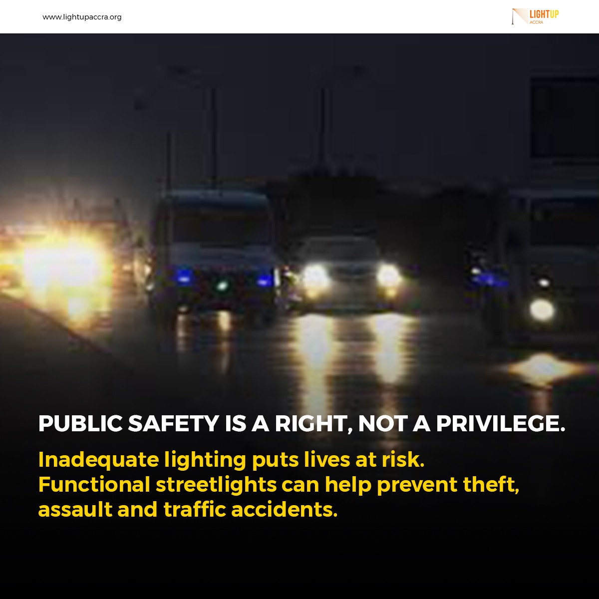 LightUp_Accra's tweet photo. Who feels absolutely comfortable walking on the streets or pathways where there are no streetlights? 😮 😲 
Public safety is a right and not a privilege. 
We need more streetlights. Join the campaign. 
#LightUpAccra
#Fixthelights
#Ghana
#development https://t.co/knszgnvxdJ