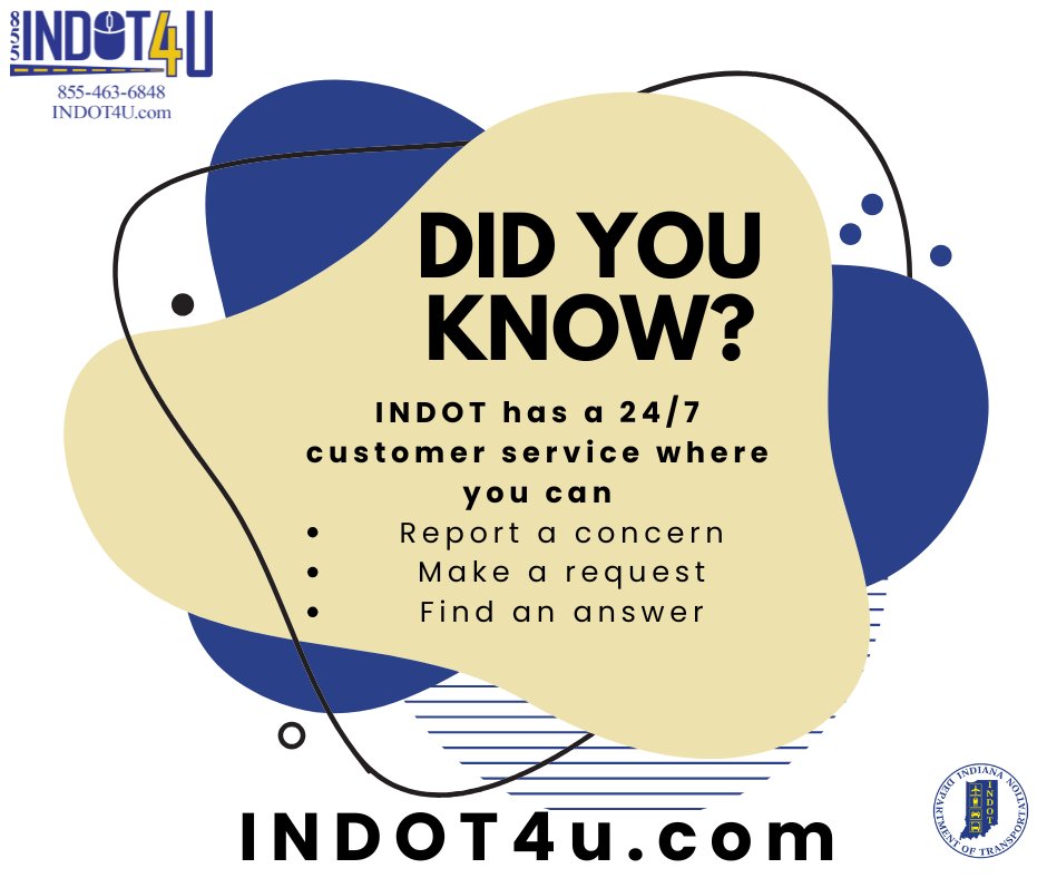 INDOT's tweet image. Have a Request? Concern? Looking for an answer?

INDOT4u.com is here to help you! Our 24/7 customer service line is happy to assist. 💻📲