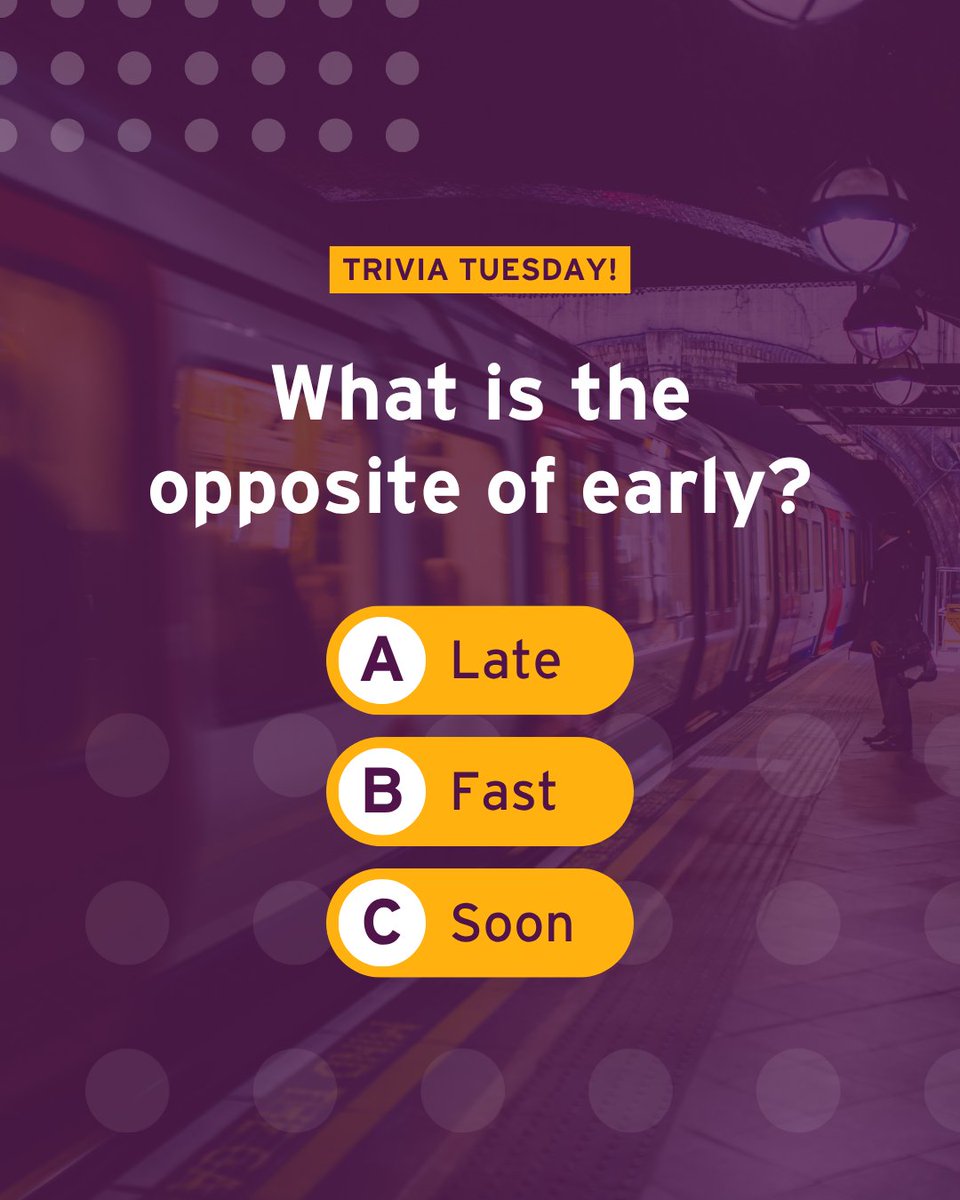 TRIVIA TUESDAY! Ready to test your English? 🧠 

What’s the opposite of early? A) Late B) Fast C) Soon. 

Comment below and check back tomorrow for the answer!

#GrammarPuzzle #LanguageFun #TrinityCollegeLondon #Trivia #SELT #SELTExam #TriviaTuesday