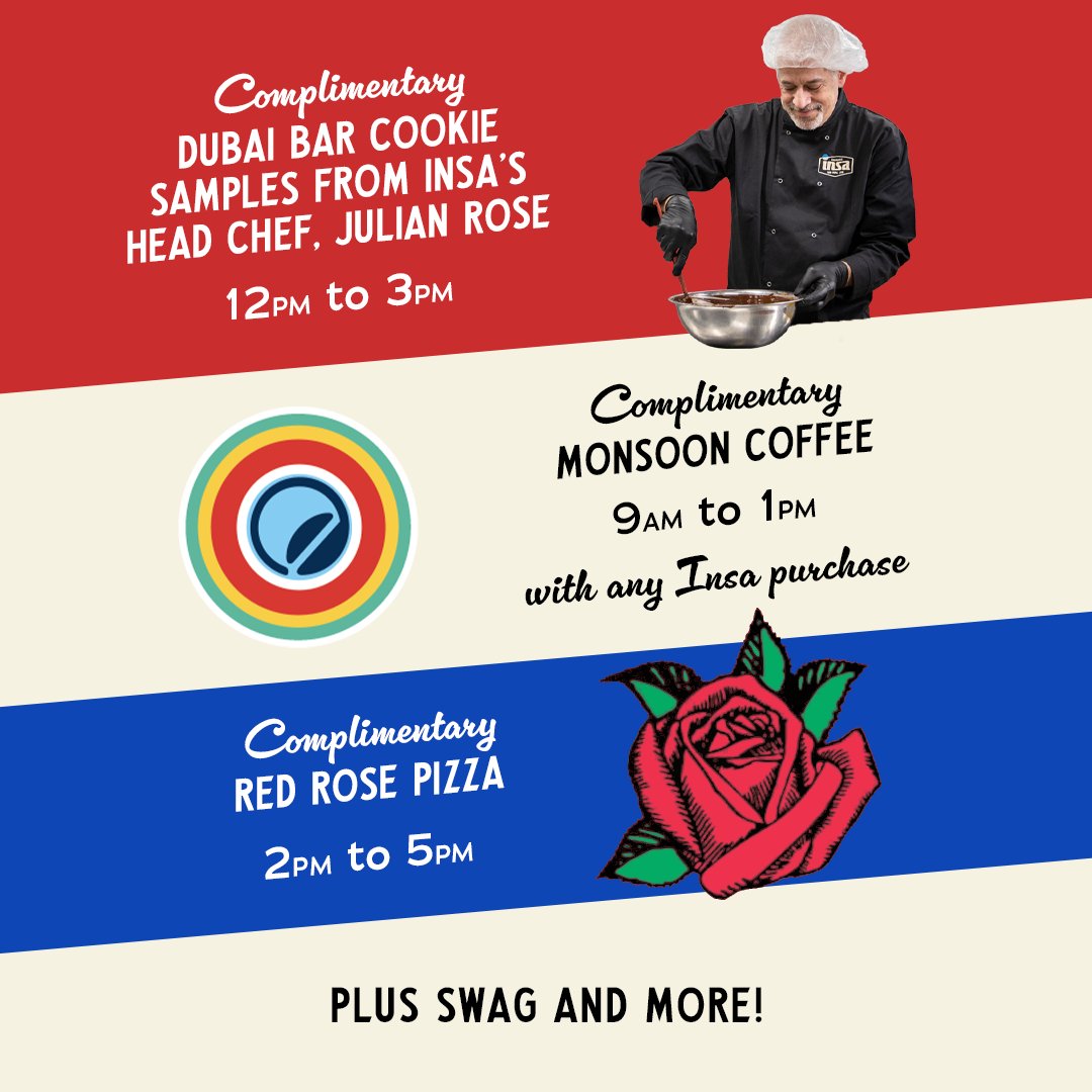 🎆Celebrate 4th of July early at Insa Springfield!
Join us July 3rd from 8AM–11PM 
1200 W Columbus Ave, Springfield, MA
Dubai Bar Cookies Un-infused Samples by Chef Julian Rose 
Monsoon Coffee - Complimentary  
Red Rose Pizza- Complimentary
Swag + good vibes! #Event #Insa