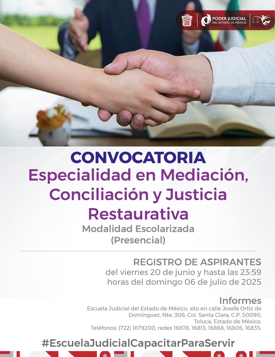 ¡Resuelve con diálogo, optimiza tus recursos!
Aún estas a tiempo, consulta la CONVOCATORIA aquí: siejem.pjedomex.gob.mx/siejem/Storage…
#EscuelaJudicialCapacitarParaServir #EnseñamosLaJusticia #EnUnidadParaServir
#difusióndelaculturajurídica