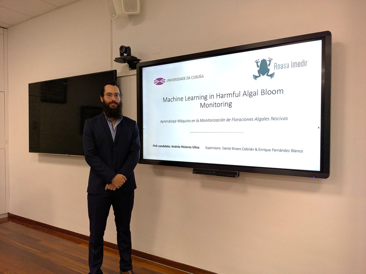 Ennanco's tweet photo. Proud to witness the PhD defence of Andres Molares today: "Machine Learning in Harmful Algal Bloom Monitoring", developed at @RNASA_IMEDIR at
@UDC_gal.  Co-supervised with my colleague Daniel Rivero, a work that combines applied AI with environmental challenges. Congrats! https://t.co/DlFgwlZ4nW
