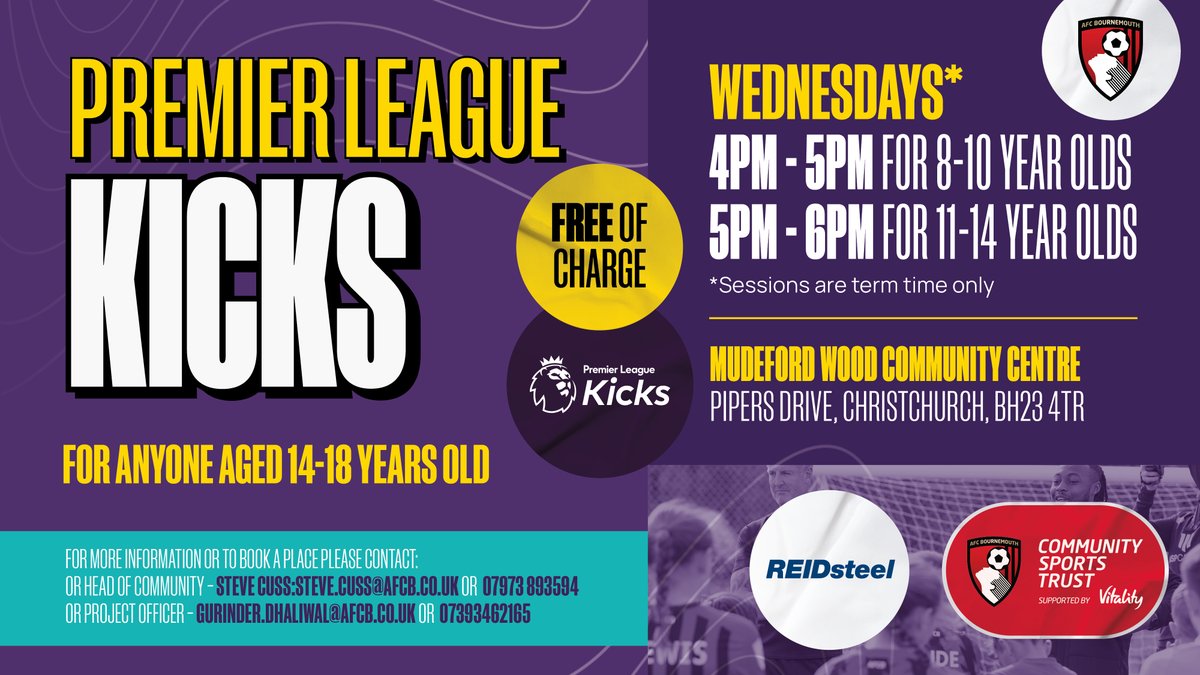 AFCB Community (@afcbcommunity) on Twitter photo FREE Football this evening at <a href="/Mudeford_Wood/">Mudeford Wood Community Centre</a>
Sessions for 8-14 year olds kick off at 4pm 👇 FREE Football this evening at <a href="/Mudeford_Wood/">Mudeford Wood Community Centre</a>
Sessions for 8-14 year olds kick off at 4pm 👇