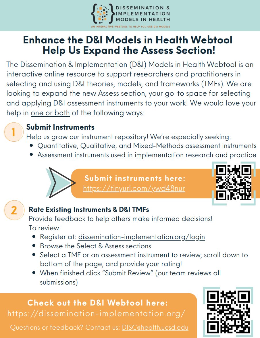 CHIPTS's tweet image. The webtool team is requesting support in expanding and enhancing the D&I Models in Health Webtool, which is an interactive, online resource designed to help researchers and practitioners navigate D&I theories, models, and frameworks. Assess instruments: dissemination-implementation.org/tool/assess/