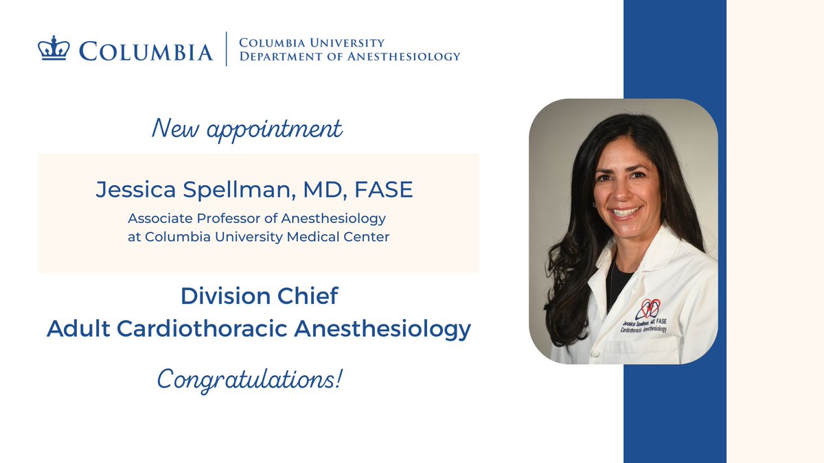 Columbia Anesthesiology (@cumcanesthesia) on Twitter photo Dr. Jessica Spellman has been named Chief of Adult Cardiothoracic Anesthesiology at CUIMC. A trailblazer in perioperative care, education, and innovation, she’s poised to lead ACTA into a dynamic new chapter. Read more here.
anesthesiology.cuimc.columbia.edu/news/jessica-s… Dr. Jessica Spellman has been named Chief of Adult Cardiothoracic Anesthesiology at CUIMC. A trailblazer in perioperative care, education, and innovation, she’s poised to lead ACTA into a dynamic new chapter. Read more here.
anesthesiology.cuimc.columbia.edu/news/jessica-s…