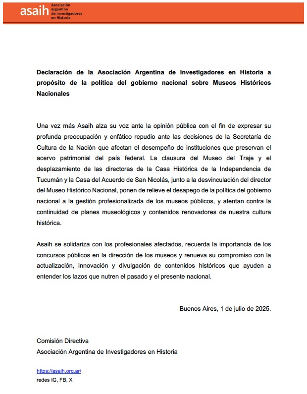 Declaración de la AsAIH a propósito de la política del gobierno nacional sobre Museos Históricos Nacionales.