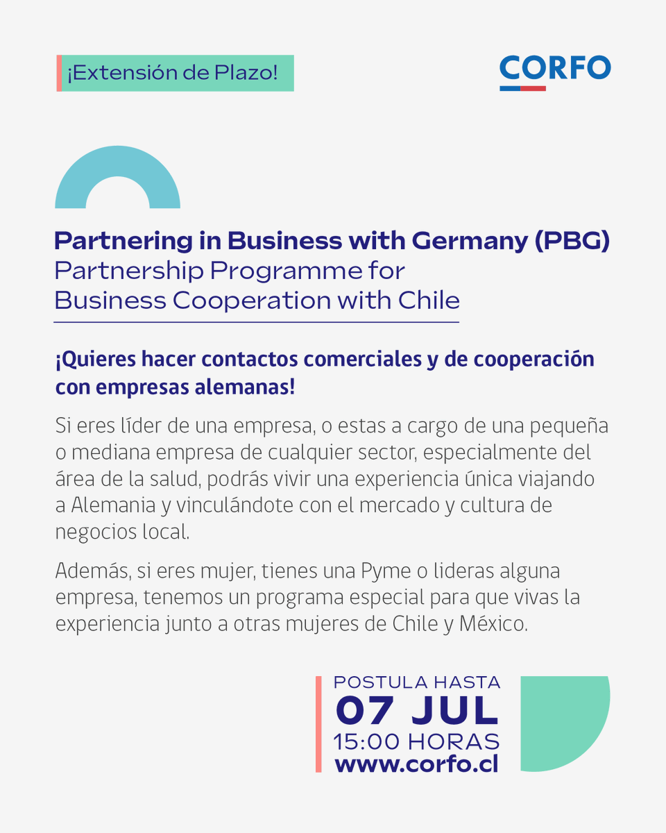 Extendemos la convocatoria de los llamados al programa Partnering in Business with Germany hasta el 07/07

Postula en las categorías:
✅ Women in Business
✅ Grupo abierto

Más información 👉 corfo.cl/sites/cpp/conv…