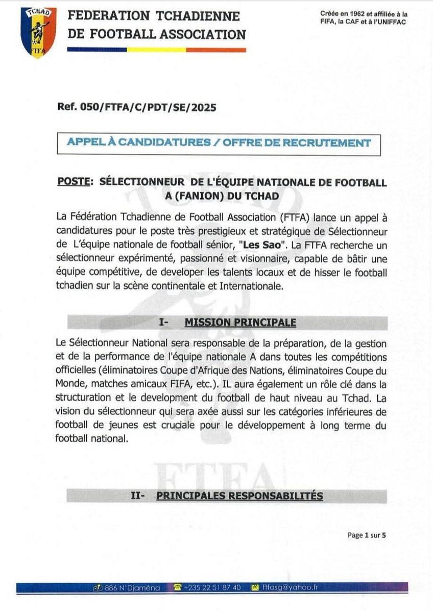 saotchad_'s tweet photo. La Fédération Tchadienne de Football Association(FTFA) lance un appel à candidatures pour le poste de sélectionneur de  l'équipe nationale de football sénior "les SAO ".
Pour toute information complémentaire 👇👇 https://t.co/GuFmwe7yjo