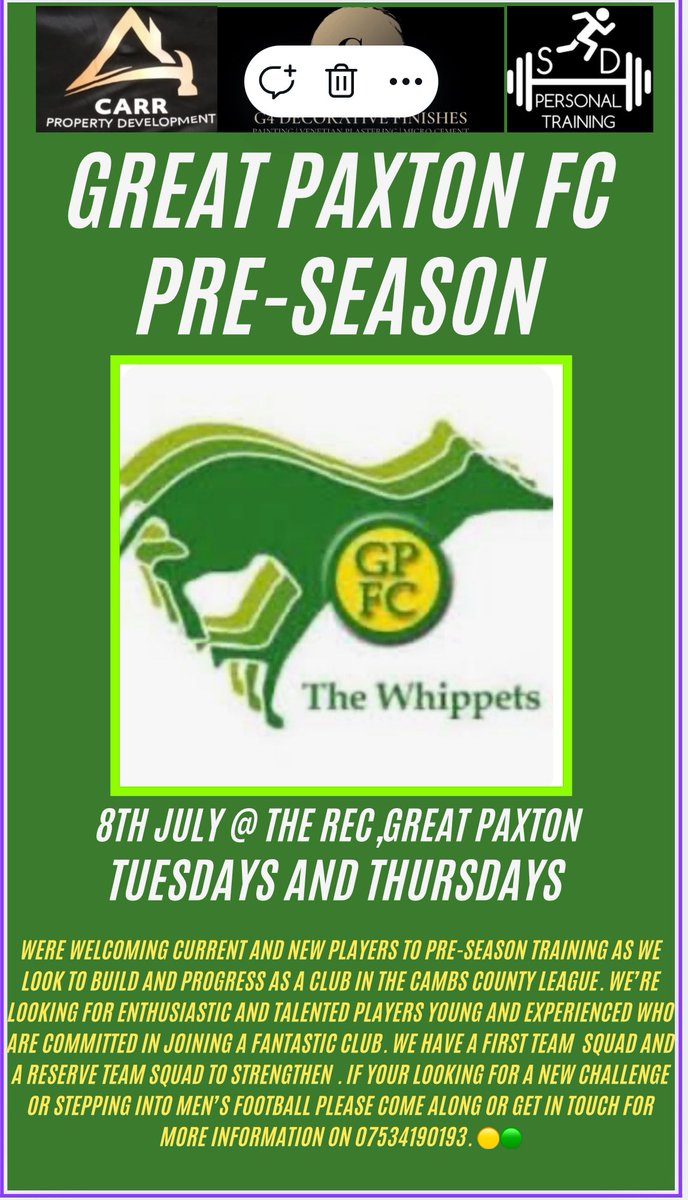 Week today we KO our pre season! Current and new faces welcome! 7 start at the rec in Great Paxton. 🟢🟡💪 #whippets#UTW <a href="/HuntsFA/">Huntingdonshire FA</a> <a href="/CambsFA/">Cambridgeshire FA</a> <a href="/PDFLUK/">Peterborough & District Football League</a> <a href="/squeezefootball/">Squeeze</a>