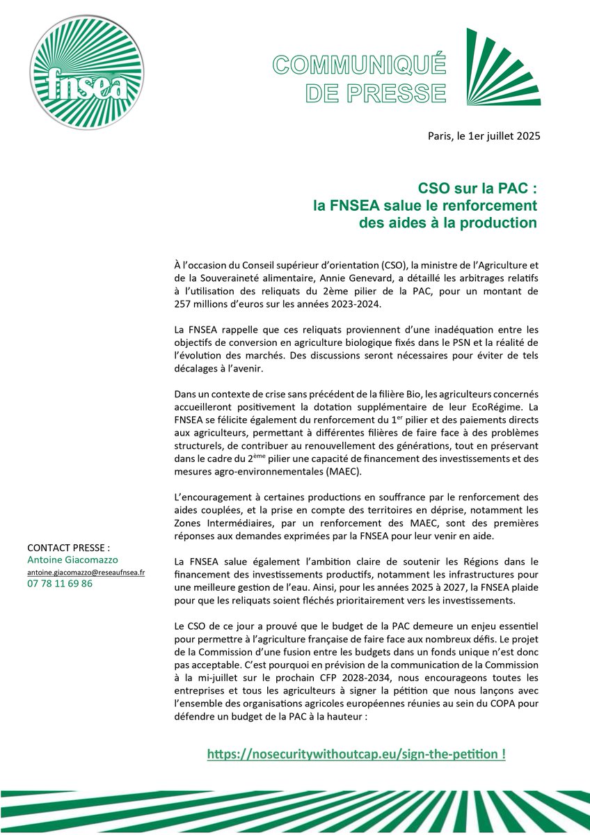 La FNSEA (@fnsea) on Twitter photo 🇪🇺🚜 Communiqué #FNSEA | "CSO sur la #PAC : la FNSEA salue le renforcement des aides à la production."
🔗 fnsea.fr/communiques-de…
-
👉 À l’occasion du Conseil supérieur d’orientation (CSO), la ministre de l’Agriculture et de la Souveraineté alimentaire, <a href="/AnnieGenevard/">Annie Genevard</a>, a détaillé 🇪🇺🚜 Communiqué #FNSEA | "CSO sur la #PAC : la FNSEA salue le renforcement des aides à la production."
🔗 fnsea.fr/communiques-de…
-
👉 À l’occasion du Conseil supérieur d’orientation (CSO), la ministre de l’Agriculture et de la Souveraineté alimentaire, <a href="/AnnieGenevard/">Annie Genevard</a>, a détaillé
