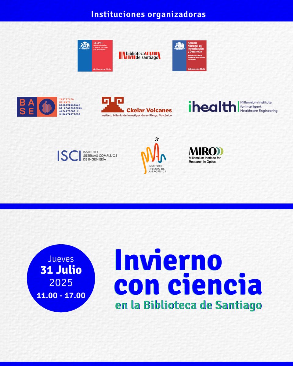 Junto a nuestra unidad ejecutora <a href="/FONDAP_ACCDiS/">ACCDiS</a> , seremos parte de una jornada llena de innovación, descubrimiento y creatividad en la Biblioteca de Santiago en la comuna #QuintaNormal
📲 Inscribe a tu curso aquí 👉bit.ly/Inviernoconcie…

#FeriaCiencia2025 #Ciencia  #CTCI #STEM