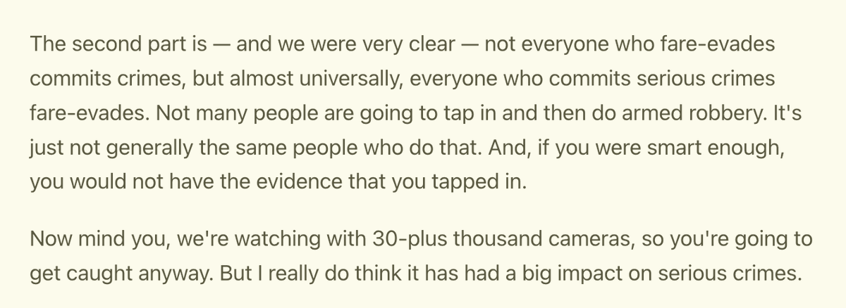 MattZeitlin's tweet photo. randy clarke had a good line about this:

"not everyone who fare-evades commits crimes, but almost universally, everyone who commits serious crimes fare-evades. Not many people are going to tap in and then do armed robbery. https://t.co/r586B7yPIO
