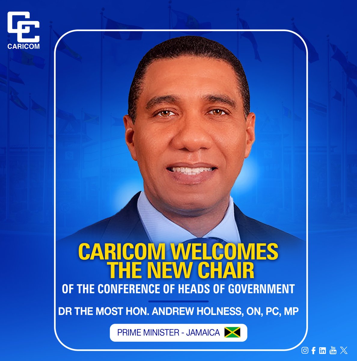 📣 Meet the New Chairman of CARICOM!
Dr. the Most Hon. <a href="/AndrewHolnessJM/">Andrew Holness</a>, PM Jamaica is now the Chairman of CARICOM as of 1 July 2025. 

🙌🏾Join us in welcoming Dr the Most Honourable Andrew Holness, Prime Minister of Jamaica 🇯🇲
