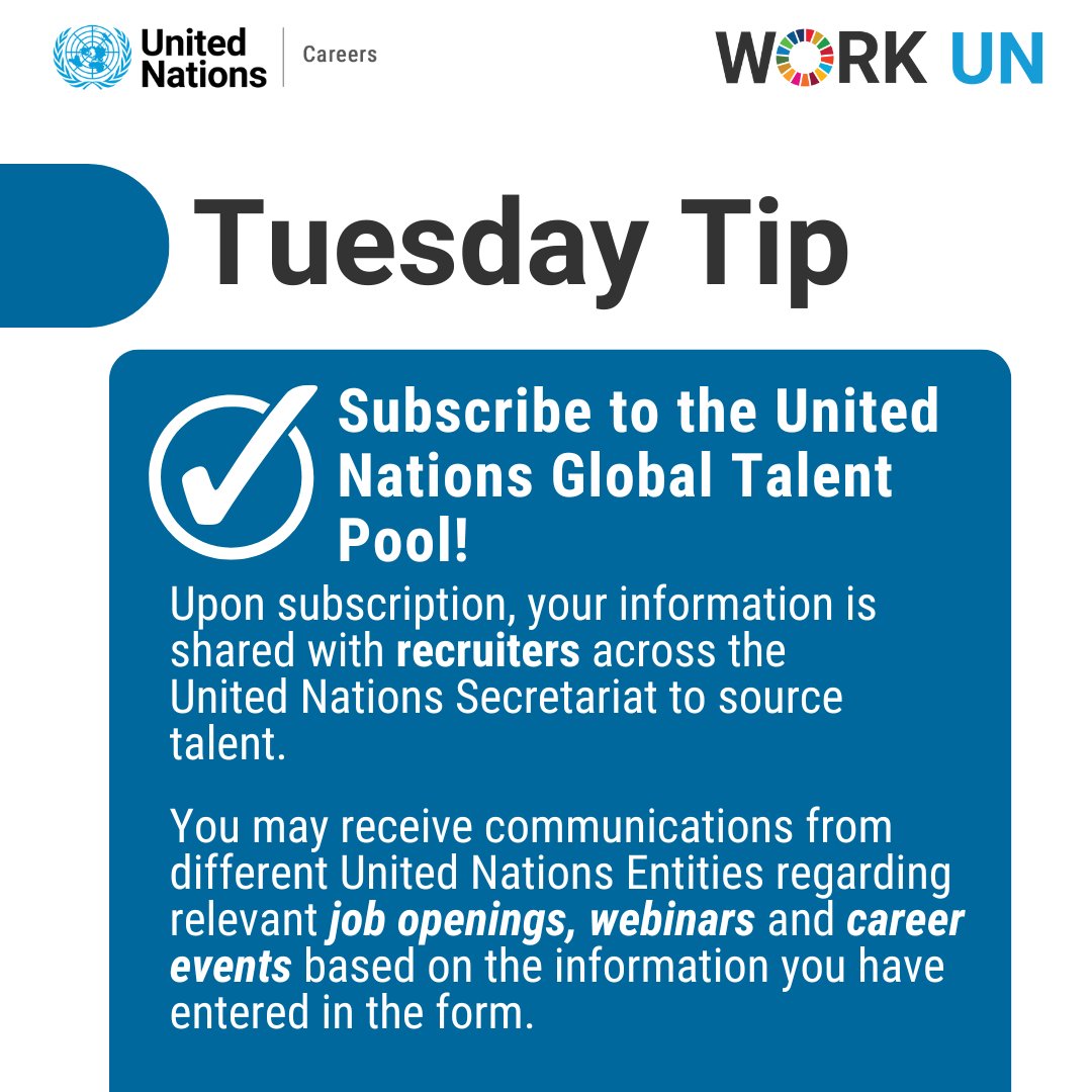 Want to work at the UN? 🌐
💡Subscribe to the UN Global Talent Pool and get notified of new opportunities as they go live.

📩 Join today 👉 bit.ly/ungtp
#UNCareers #WorkForTheUN #UNJobs
