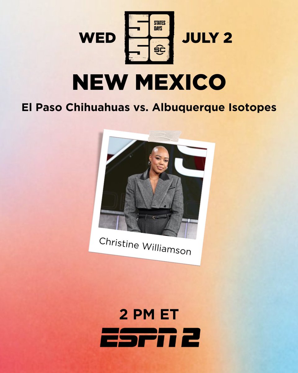 ESPN PR (@espnpr) on Twitter photo Wednesday, #SC50in50 heads to New Mexico for a Minor League Baseball showdown
⚾️ 2p ET | <a href="/ABQTopes/">Albuquerque Isotopes</a> host <a href="/epchihuahuas/">El Paso Chihuahuas</a> | ESPN2
Follow the tour ➡️ bit.ly/4kTEASg Wednesday, #SC50in50 heads to New Mexico for a Minor League Baseball showdown
⚾️ 2p ET | <a href="/ABQTopes/">Albuquerque Isotopes</a> host <a href="/epchihuahuas/">El Paso Chihuahuas</a> | ESPN2
Follow the tour ➡️ bit.ly/4kTEASg