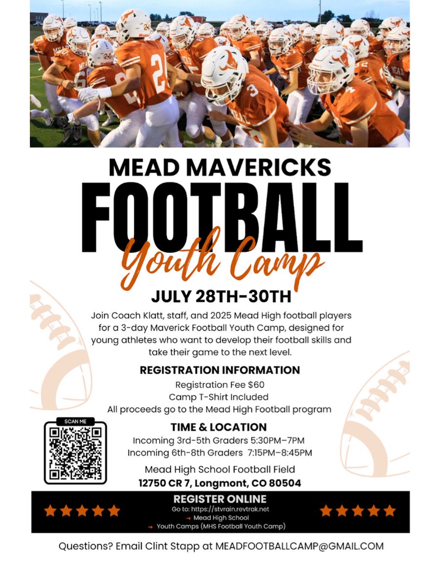Mead Football (@meadfootball) on Twitter photo Have an incoming 3rd-8th grader? Sign them up for youth camp today! Registration closes soon! Have an incoming 3rd-8th grader? Sign them up for youth camp today! Registration closes soon!