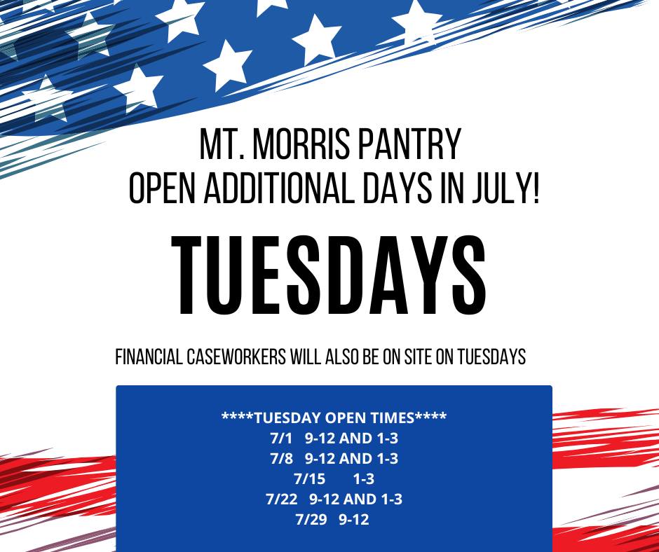 cc_steubenliv's tweet image. We’re turning up the sunshine and staying open longer this July! Whether you&apos;re grilling, chilling, or just need a little extra support we’ve got you covered.

Mt. Morris Pantry:
Monday 9-12
Special Tuesday Hours below
Wednesday 1-3
Thursday 9-12
#FoodPantry #SummerSupport