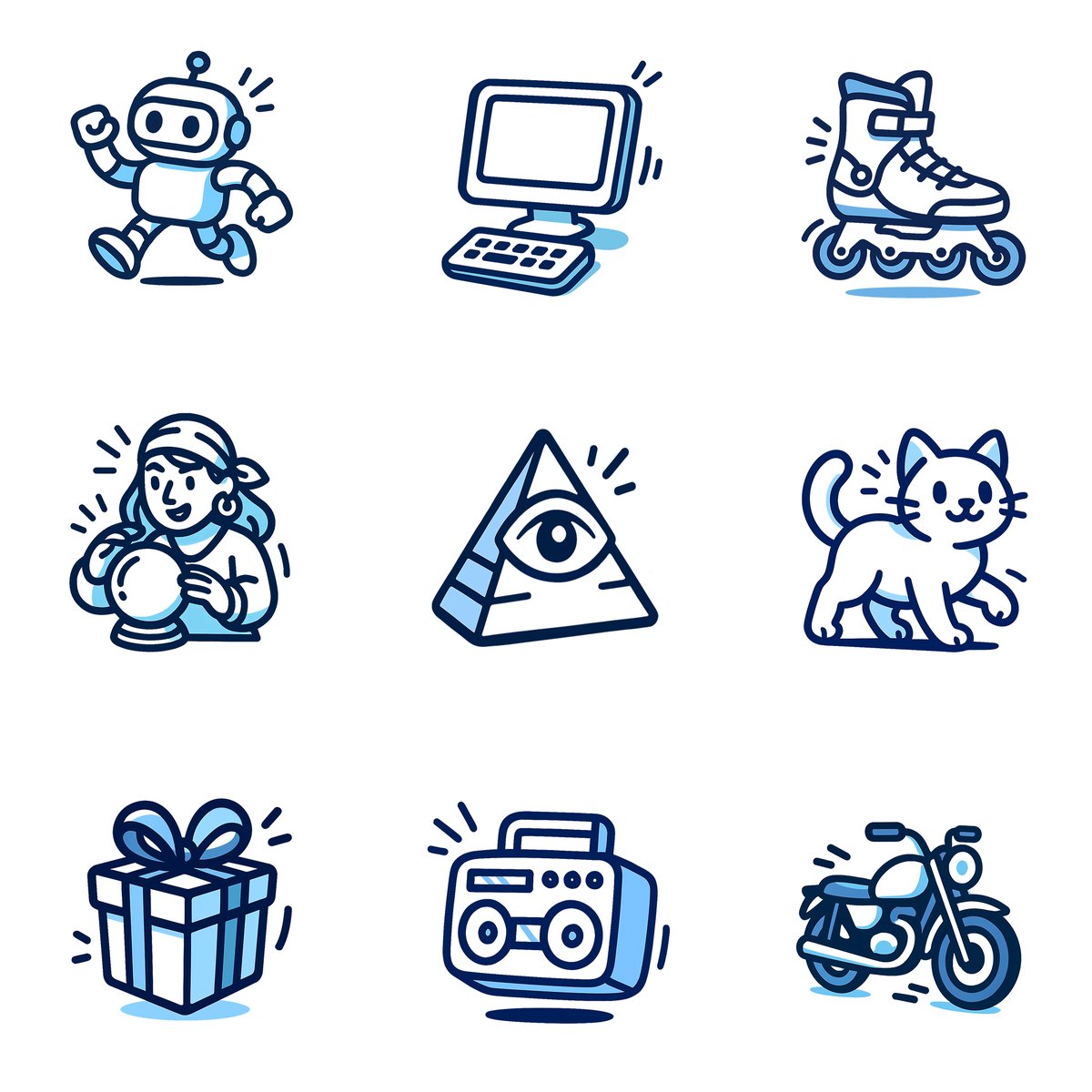 gnrlyxyz's tweet photo. Whimsical cartoon icons with GPT-4o.

PROMPT:
Create an icon of a [OBJECT] in a bold cartoon style with thick navy blue outlines and simple, rounded forms. Use a clean white fill for the main body. Apply light blue as a secondary color only in offset areas to hint at side planes, depth, or motion. Do not use full-body blue fills. Create a faux 3D look by layering elements, using varied positioning, and wrapping blue accents around edges to suggest volume. The character should appear lightly animated, with a lively stance or expressive motion lines. All shapes must be crisp and vector friendly. Avoid gradients, textures, or soft edges. The final look should feel dimensional, fun, and ready for animation. White background. Square aspect ratio.