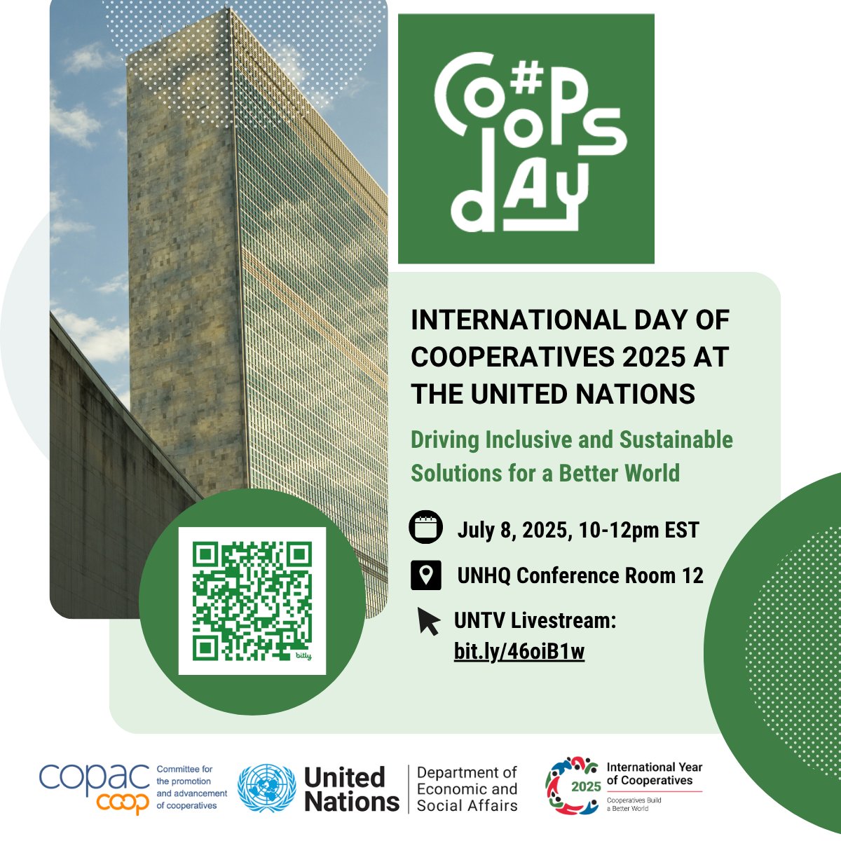 UN4Coops's tweet photo. 📢 Join us on 🗓️ 8 July at @UN HQ in NYC to celebrate the #CoopsDay2025 under the theme: ✨"Driving Inclusive &amp; Sustainable Solutions for a Better World."✨

Cooperatives are key to #GlobalGoals, decent work &amp; inclusion.

🌎 https://t.co/D5aAgUY50h
🌐#IYC2025 https://t.co/9qTr13snsE